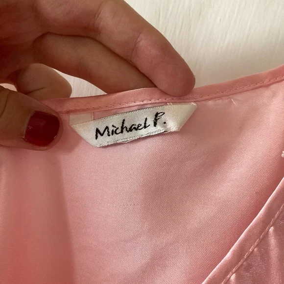 VTG Michael P. Pink Satin Slip Nightgown with Floral Accent - Picture 5 of 6